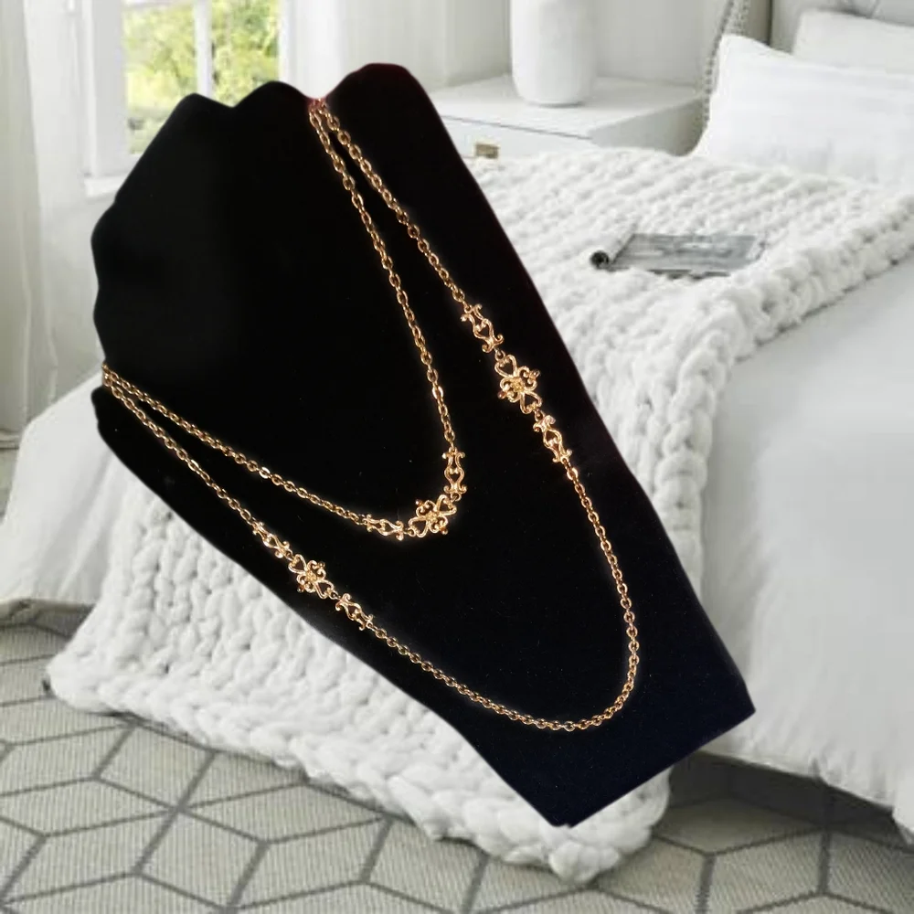 Elegant Extra-Long Gold Tone Necklace with Floral Accents
